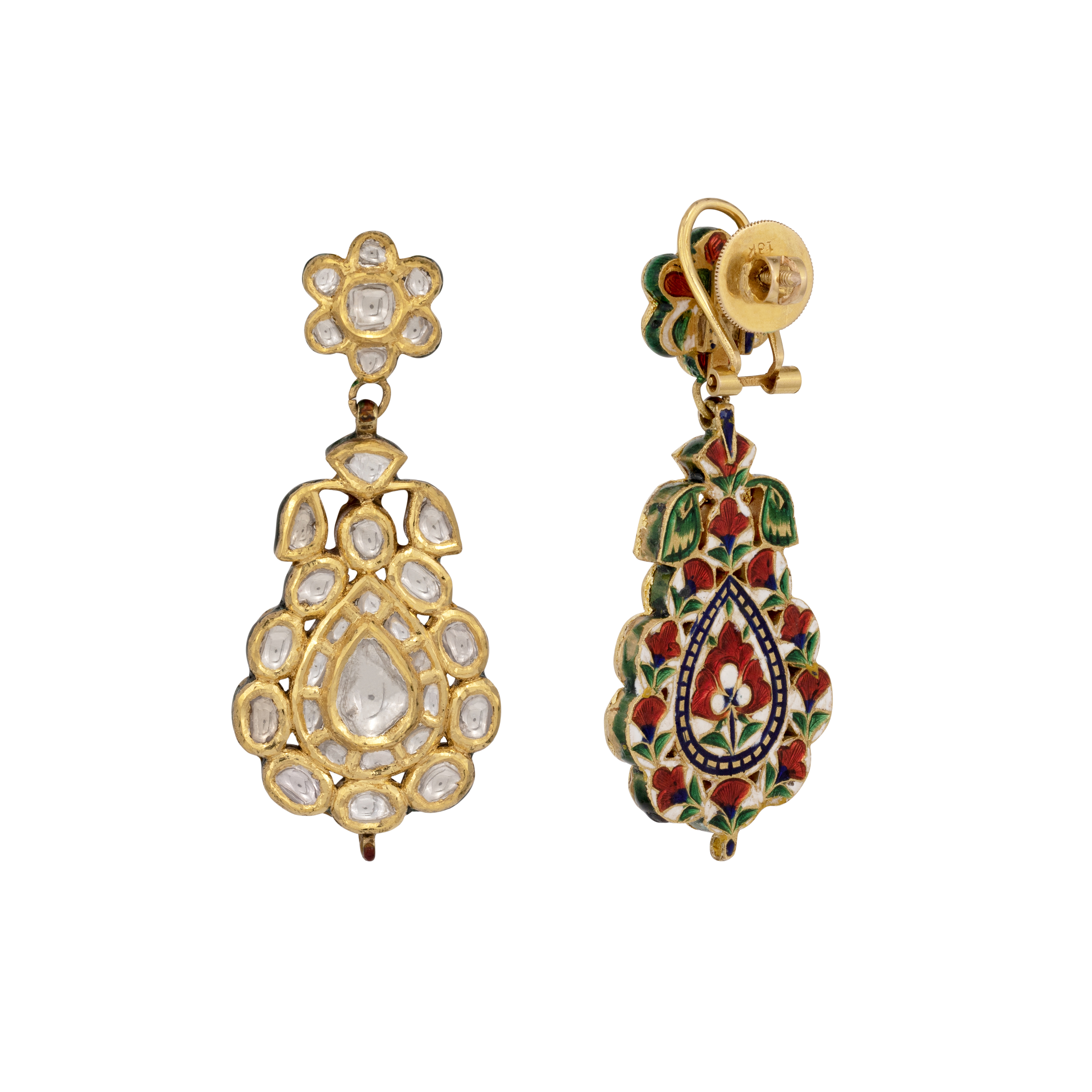 Teardrop Polki Earrings with Floral Gold Accents